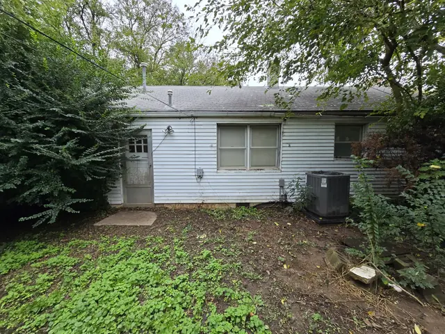 Back of the house with shrubs and trees growing against it